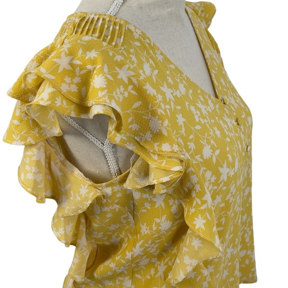 BB Dakota Womens All The Frills Ruffle Crepe V Neck Yellow Floral Blouse Small - Picture 6 of 11